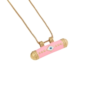 Pink enamel evil eye cylinder pendant on gold box chain necklace for women