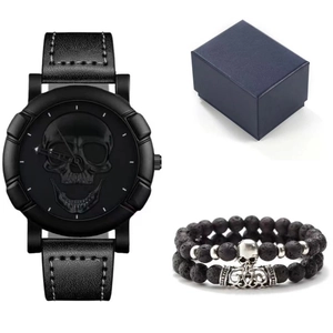 Men Quartz Watch With 3D Skull Design Faux Leather Strap Lava Stone Bead Bracelet Punk Hip Hop Style Gift For Him