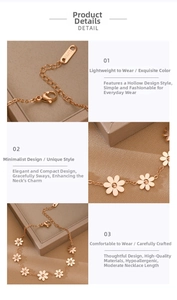 Detail of rose gold daisy bracelet showing lobster clasp, extender chain and petal texture