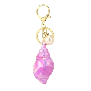 Creative purple iridescent conch shell keychain with pearl and golden metal lobster clasp