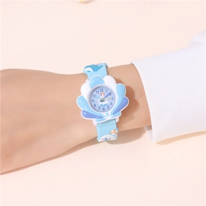 Kids quartz watch with shell-shaped dial and 3D dolphin pattern on colorful strap