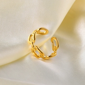 18K gold plated stainless steel chain link open ring for women on silk background
