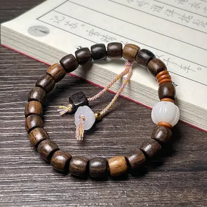 Retro Wood Beaded Bracelet White Pumpkin Faux Jade Bead Colorful Tassel Zen Style Buddha Prayer Beads For Men Women