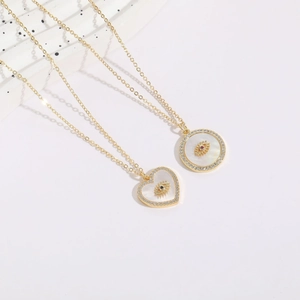 Evil eye shell zircon pendants on 14K gold plated minimalist heart and round necklaces