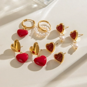 Stainless Steel Heart Pendant Earrings Gold Plated Red Enamel Water Drop Artificial Pearl Hypoallergenic Jewelry For Women