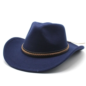 Classic dark blue wool fedora hat with a decorative brown braided leather band for adults