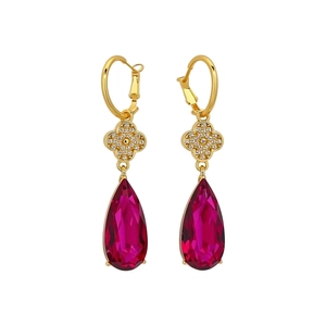 Elegant floral water drop earrings with silver needle, gold plating and rose red crystals