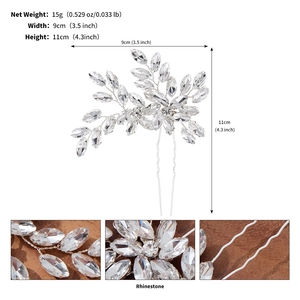 Détails macro d'une épingle à cheveux de mariée avec strass et dimensions du produit