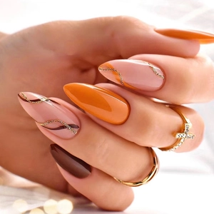 Almond Shape Press On Nails Orange Brown Nude Pink Golden Ribbon Glitter Wave High Gloss Autumn Winter Modern For Women