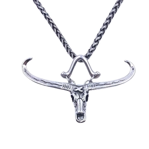 Vintage titanium steel bull head skull pendant necklace for men with braided metal chain