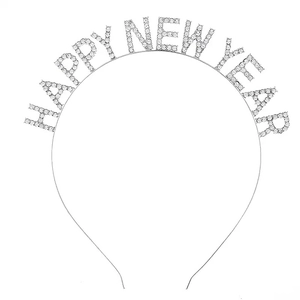 Silver HAPPY NEW YEAR headband with rhinestones for festive celebrations on white background