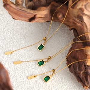 Elegant gold necklaces with green zircon rectangle pendants and BABY engraved tags