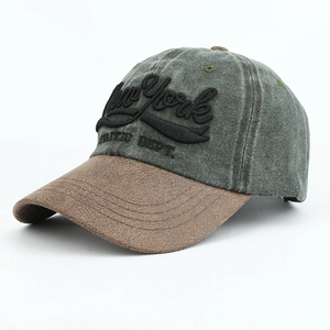 Detail of 3D embroidery and washed canvas texture on this vintage baseball cap