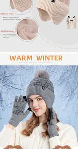 Close-up of thick fleece lining and knit texture on winter hat and gloves set