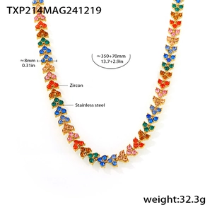 Detail view of gold stainless steel necklace with dimensions and colorful zircon stones