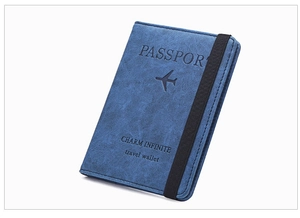 Detail of dark blue RFID passport holder with airplane icon and elastic closure