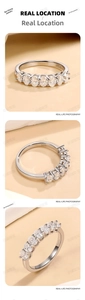 Macro detail of S925 sterling silver ring with seven oval moissanite stones in prong setting