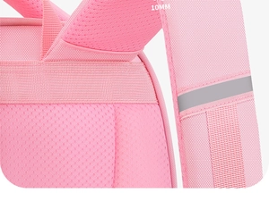 Detail of 10mm thick breathable mesh shoulder straps and reflective strips on pink backpack