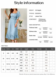 Detailed size chart for casual short sleeve maxi dress including UK, US, and EU measurements