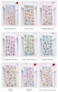 Detailed grid showing 9 cartoon animal sticker packs including pandas and unicorns