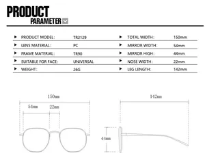 Detailed sizing chart for TR2129 cat-eye glasses with frame dimensions and specifications