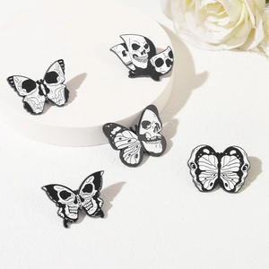 5-piece set of dark gothic skull butterfly enamel pins in black and white finish