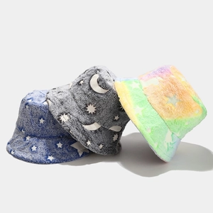 Plush bucket hats with glow star and moon patterns in blue, grey and rainbow colors