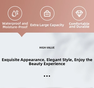 Detail showing waterproof feature and high-capacity benefits of the PVC toiletry bag