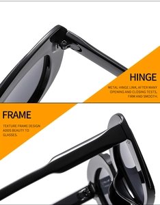 Detail of durable metal hinges and polished black frames of hip hop sunglasses