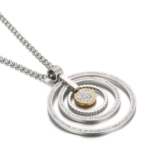 Two-tone mixed metal multi-layer concentric circles pendant necklace with rhinestones