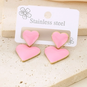 Boucles d'oreilles double cœur rose et or en acier inoxydable plaqué or 18 carats