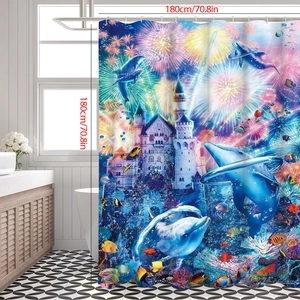 Vibrant 180x180cm underwater world shower curtain with dolphins and coral reef prints