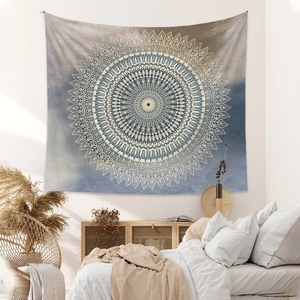 Bohemian mandala wall tapestry in blue and beige for modern bedroom interior decor