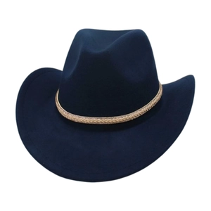 Detailed view of dark blue felt cowboy hat featuring a gold braided band with rhinestones