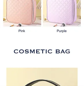 Quilted cosmetic bags in pink and purple colors with durable handles for travel storage