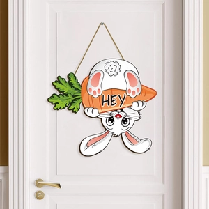 Easter wooden door hanging featuring a cartoon bunny holding a carrot with HEY text