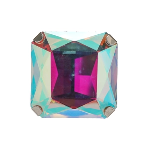Minimalist square aurora crystal ring with silver metal claws on white background