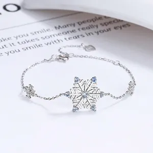 925 Sterling Silver Snowflake Bracelet For Women With Blue Zircon Inlaid Elegant Simple Adjustable Hand Jewelry