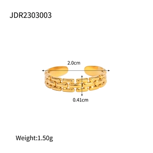 Macro detail of gold watch-band style ring showing exact width and inner diameter metrics