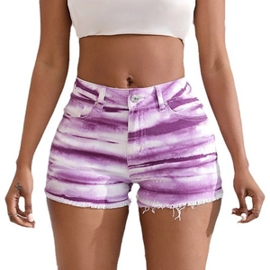 Chic purple tie-dye denim shorts for women with frayed edges and high-waisted fit
