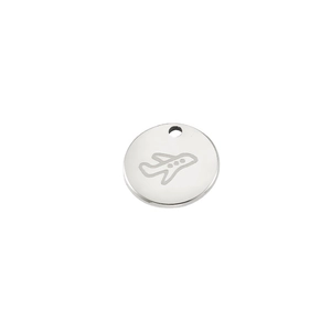 Polished stainless steel round pendant with engraved airplane icon on white background