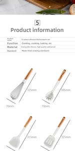 Silicone cooking utensils with wood handles showing dimensions and specifications