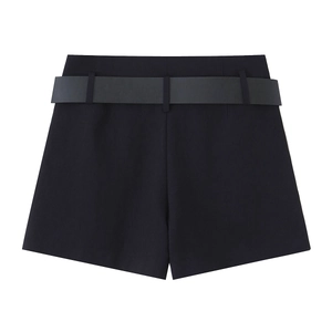 Classic black tailored shorts with wide belt and gold button detail for women