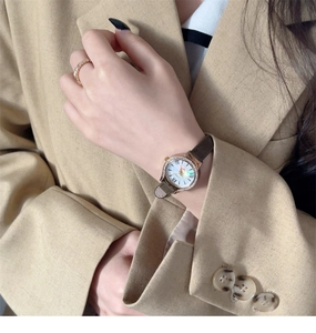 Detail of luxury gold watch with brown leather strap and diamond bezel on wrist