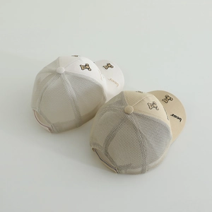 Mesh breathable baseball cap for kids with cute embroidered bear design in cream and khaki