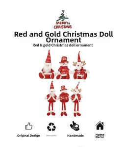 Detail view of 6 Christmas plush dolls featuring Santa, Snowman, and Reindeer in red and gold