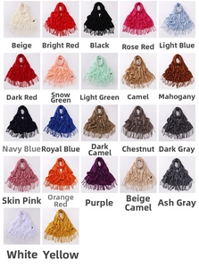 Grid display of thick scarves in various colors with fringe details and classic labels