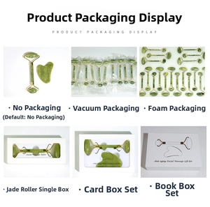 Detail view of jade roller and heart scraper set showing various packaging box options