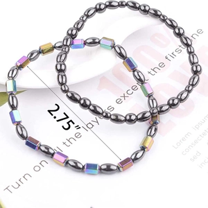 Magnetic hematite yoga bracelets in dark grey and rainbow colors with 2.75 inch diameter