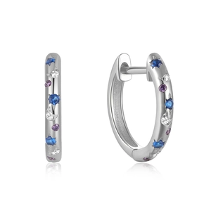 Detailed close-up of s925 silver hoop earrings with blue and purple star and moon gems